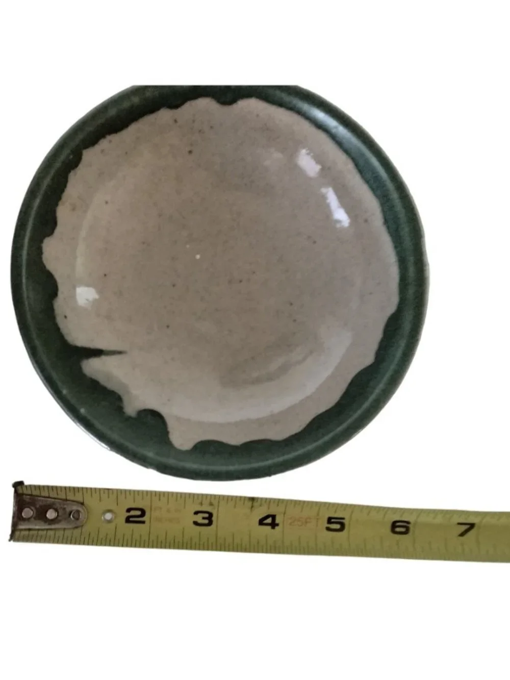 Studio Pottery Rice Bowl Heavy Green Gray Rustic Stoneware Primitive Drip Glaze